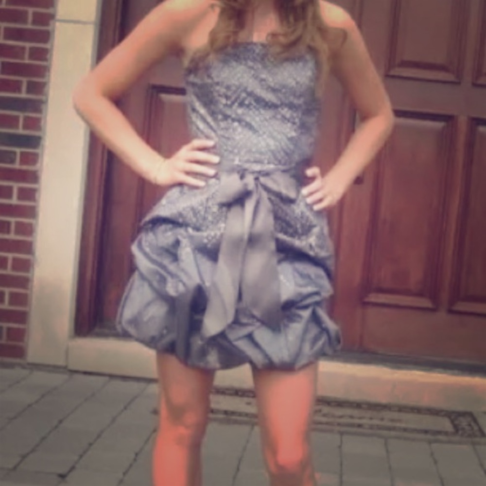 Gray Homecoming Dress with Silver & Gold Sparkles